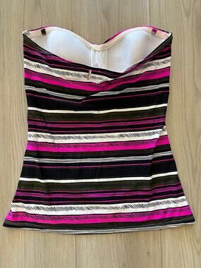 Anne Cole Striped Bandeau Tankini Top Pink Black White Ruched Swim Size M